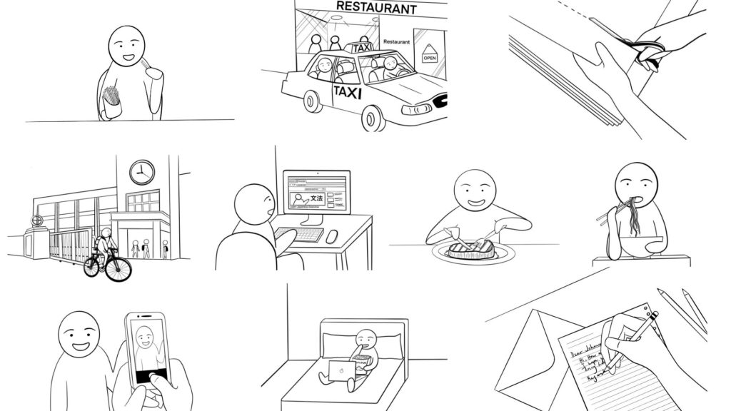 【日本語絵カード】「〜で（手段・方法）」のイラストまとめ