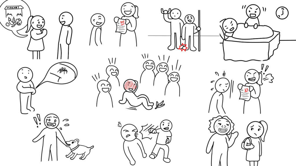 【日本語絵カード】「〜られる（直接受身）」のイラストまとめ