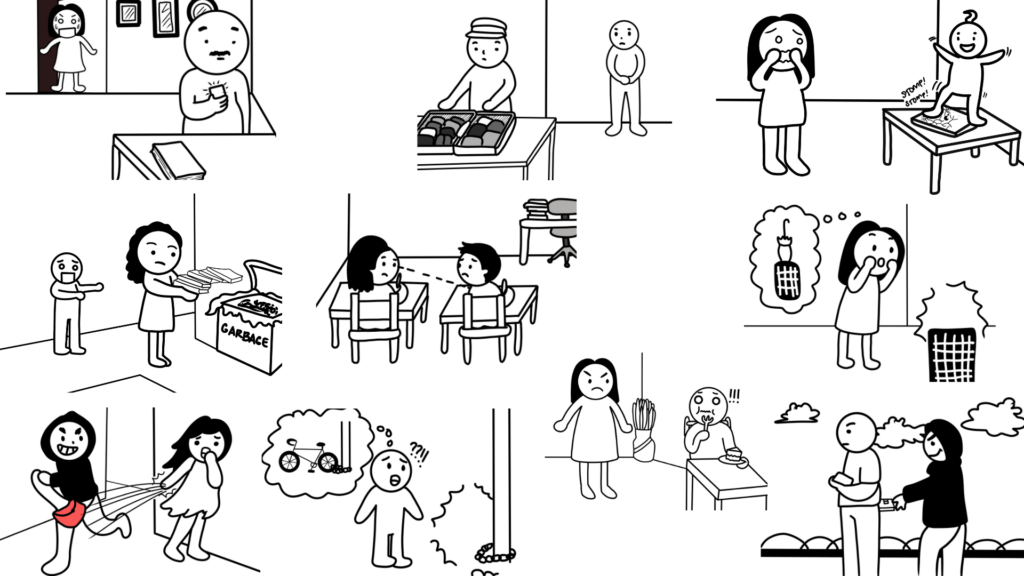 【日本語絵カード】「〜られる（間接受身）」のイラストまとめ